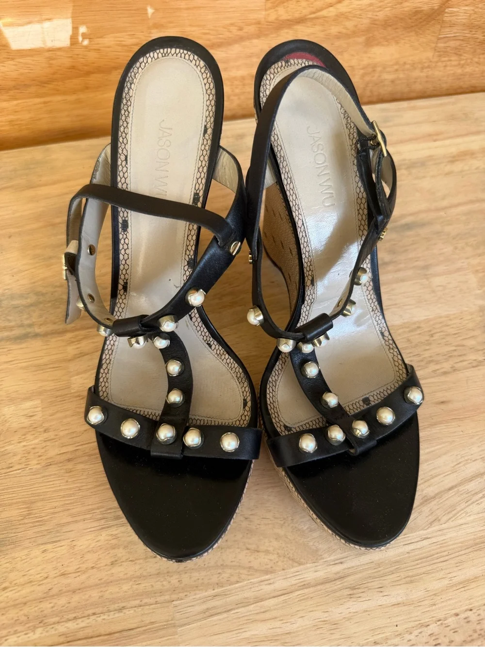 Jason Wu Pearl Stud Wedge Sandals Black Leather Slingback Heels Size 40